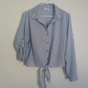 CI SONO WOMEN'S TOP BLUE WHITE STRIPED LONG ROLL TAB SLEEVE TIE FRONT NWT SIZE M